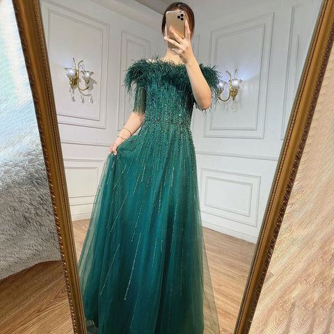 Blue Boat Neck Luxury Evening Dresses Gowns 2025 Short Sleeves Beaded Feather A-Line For Women Party  LA71524