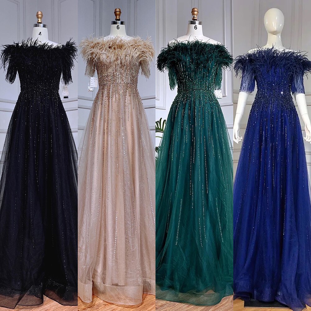 Blue Boat Neck Luxury Evening Dresses Gowns 2025 Short Sleeves Beaded Feather A-Line For Women Party  LA71524