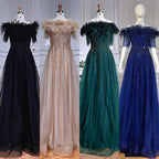 Blue Boat Neck Luxury Evening Dresses Gowns 2025 Short Sleeves Beaded Feather A-Line For Women Party  LA71524