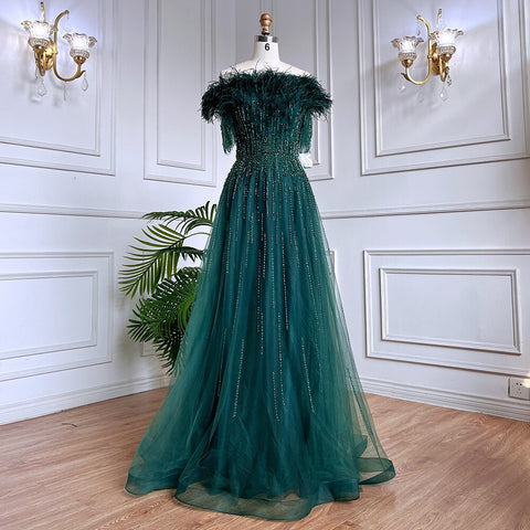 Blue Boat Neck Luxury Evening Dresses Gowns 2025 Short Sleeves Beaded Feather A-Line For Women Party  LA71524
