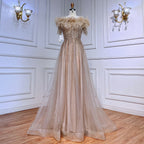 Blue Boat Neck Luxury Evening Dresses Gowns 2025 Short Sleeves Beaded Feather A-Line For Women Party  LA71524