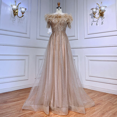 Blue Boat Neck Luxury Evening Dresses Gowns 2025 Short Sleeves Beaded Feather A-Line For Women Party  LA71524