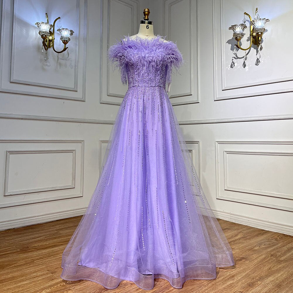 Blue Boat Neck Luxury Evening Dresses Gowns 2025 Short Sleeves Beaded Feather A-Line For Women Party  LA71524