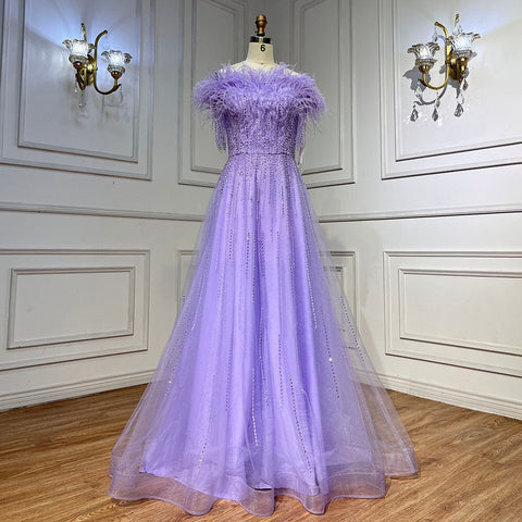 Blue Boat Neck Luxury Evening Dresses Gowns 2025 Short Sleeves Beaded Feather A-Line For Women Party  LA71524