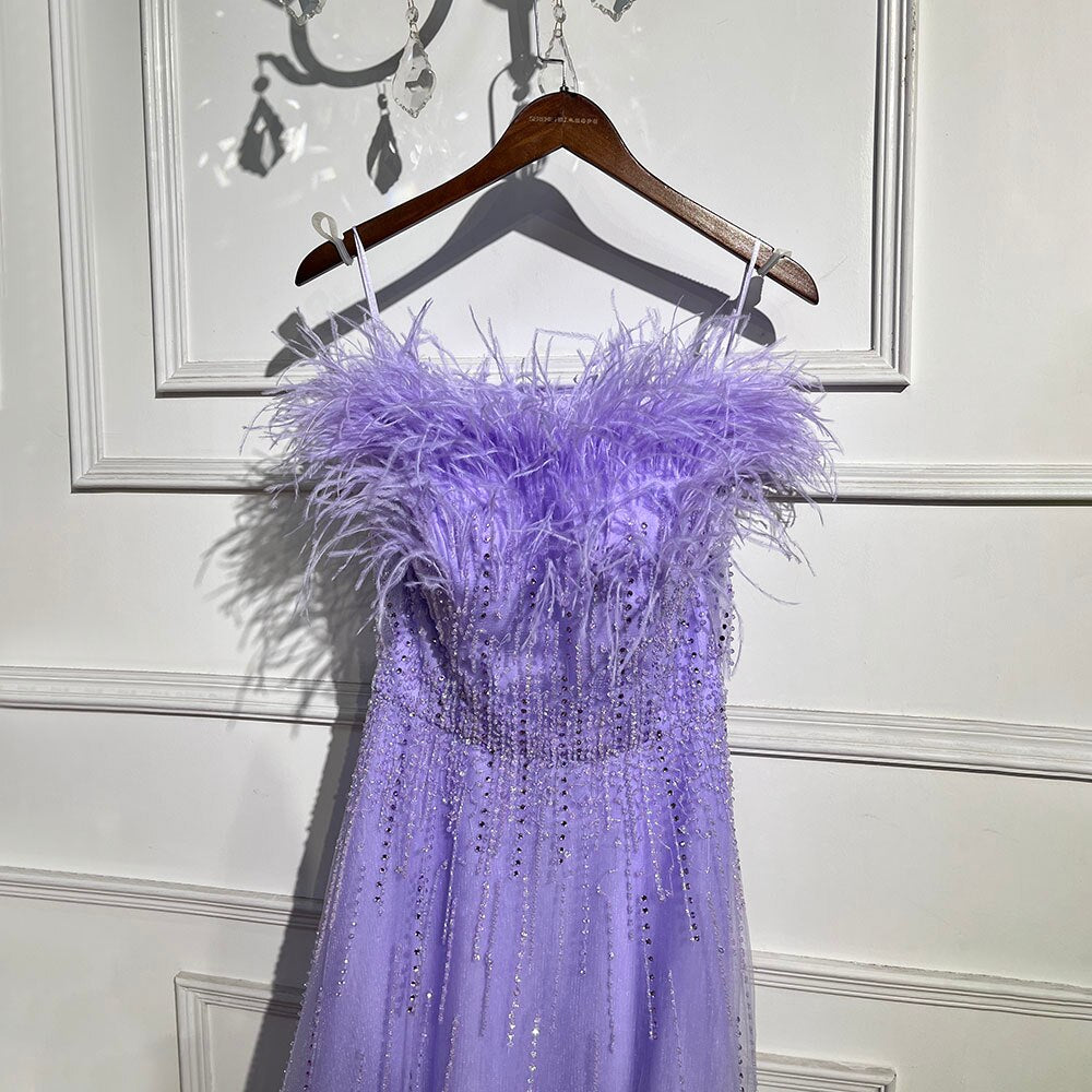 Blue Boat Neck Luxury Evening Dresses Gowns 2025 Short Sleeves Beaded Feather A-Line For Women Party  LA71524