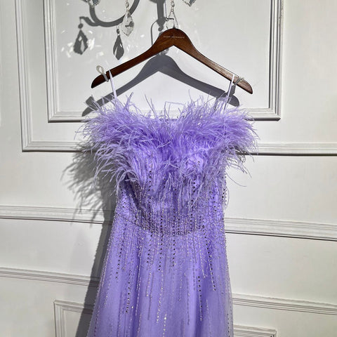 Blue Boat Neck Luxury Evening Dresses Gowns 2025 Short Sleeves Beaded Feather A-Line For Women Party  LA71524