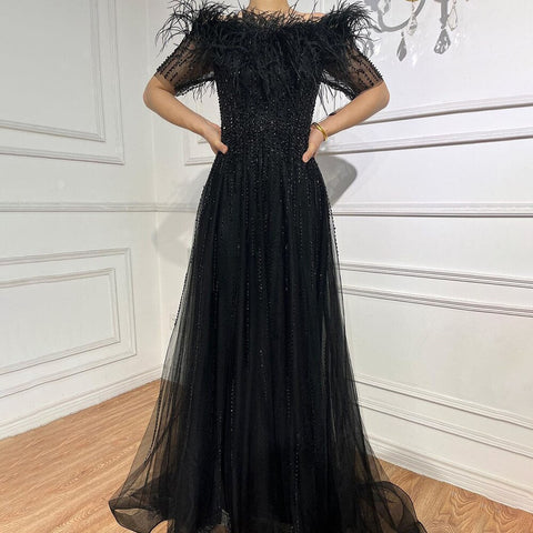 Blue Boat Neck Luxury Evening Dresses Gowns 2025 Short Sleeves Beaded Feather A-Line For Women Party  LA71524