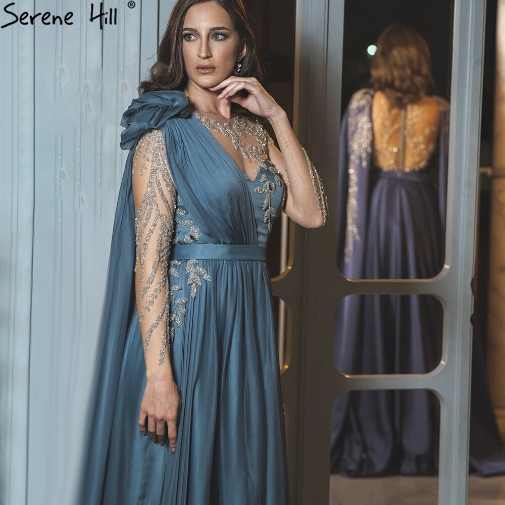 Blue Cape Sleeve Sexy Evening Dresses Gowns 2025 Beaded A-Line For Woman Wedding Party LA70308