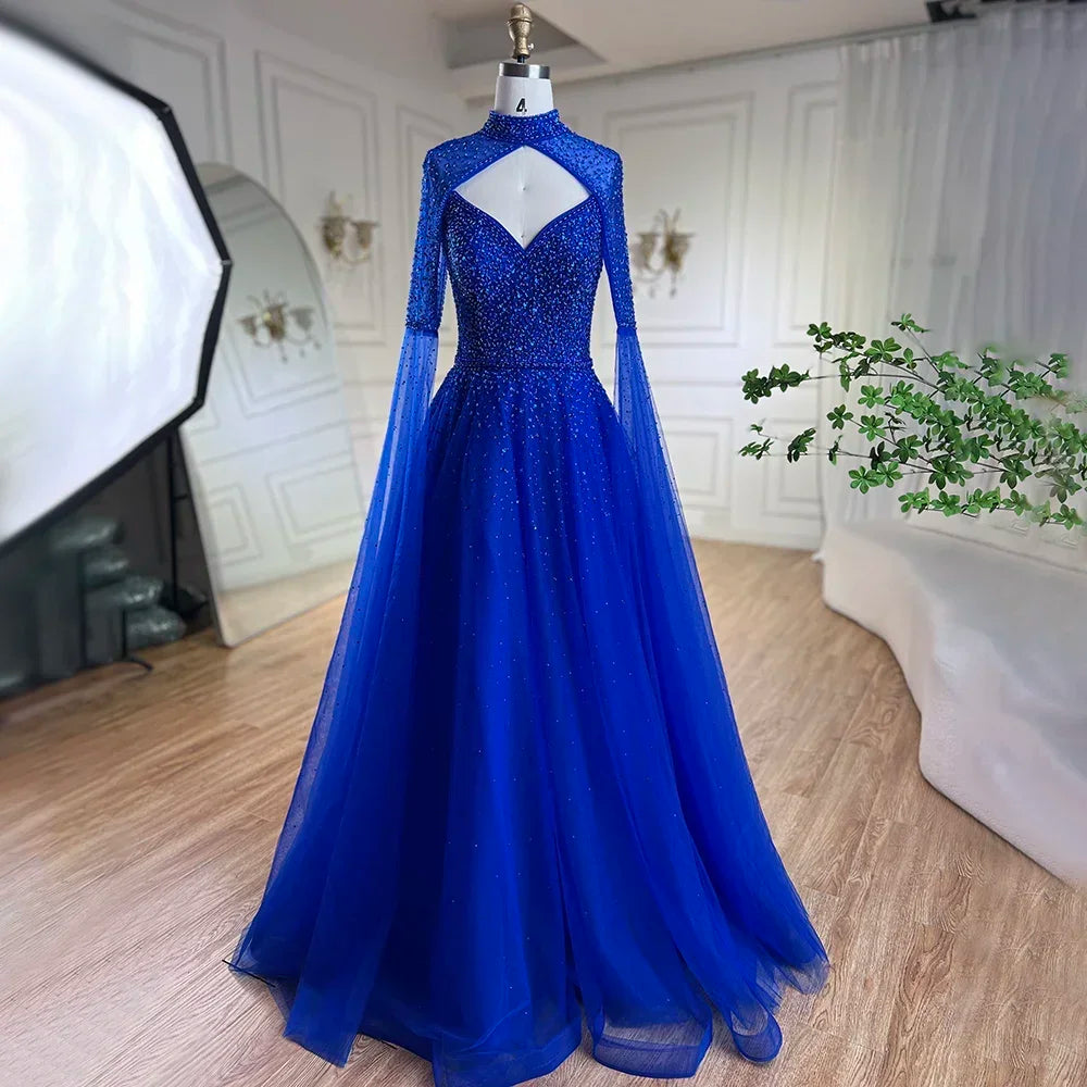 Vestidos de noche de lujo estilo Dubái, corte en A, con mangas tipo capa y cuentas, estilo árabe, ideales para bodas y fiestas. Modelo LA72191 (2025). 