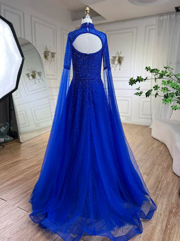 Arabic Blue Cape Sleeves A Line Beaded Luxury Dubai Evening Dresses Wedding Party Gowns For Women 2025 LA72191