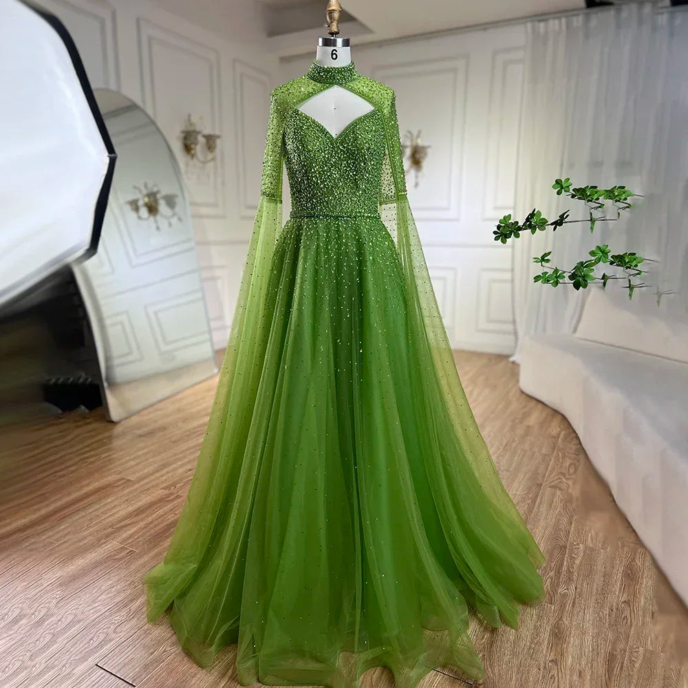 Vestidos de noche de lujo estilo Dubái, corte en A, con mangas tipo capa y cuentas, estilo árabe, ideales para bodas y fiestas. Modelo LA72191 (2025). 