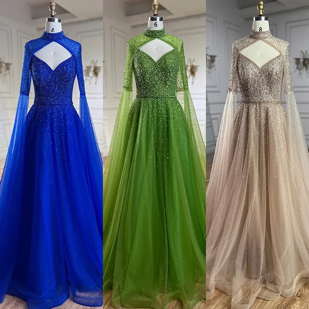 Vestidos de noche de lujo estilo Dubái, corte en A, con mangas tipo capa y cuentas, estilo árabe, ideales para bodas y fiestas. Modelo LA72191 (2025). 