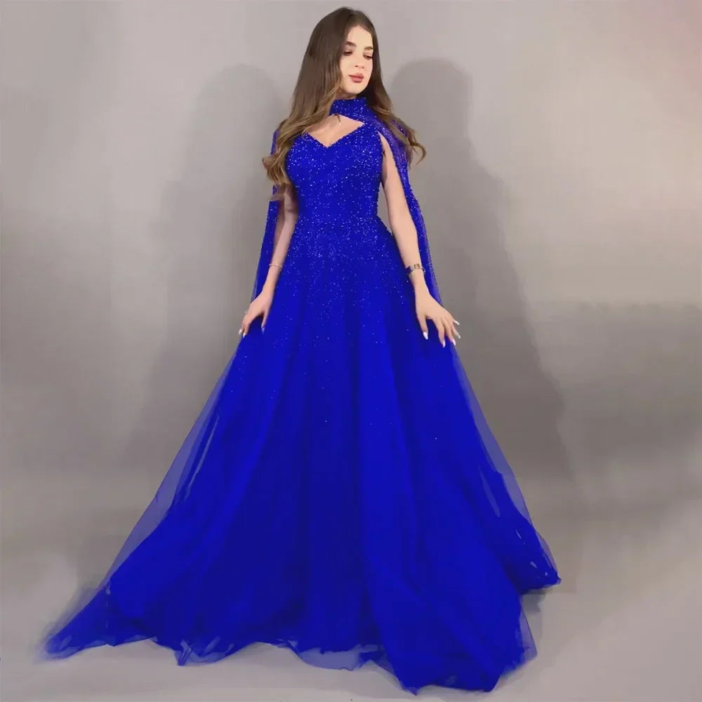 Vestidos de noche de lujo estilo Dubái, corte en A, con mangas tipo capa y cuentas, estilo árabe, ideales para bodas y fiestas. Modelo LA72191 (2025). 