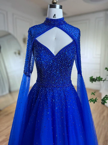Arabic Blue Cape Sleeves A Line Beaded Luxury Dubai Evening Dresses Wedding Party Gowns For Women 2025 LA72191