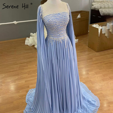 Blue Cape Sleeves Evening Dresses Gowns 2025 Beaded A-Line Chiffon For Women Party LA71319