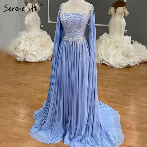 Blue Cape Sleeves Evening Dresses Gowns 2025 Beaded A-Line Chiffon For Women Party LA71319