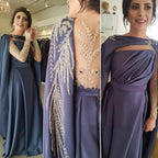 Blue Cape Sleeves Evening Dresses Gowns 2025 Beaded Satin Sexy A-Line For Woman Party  LA71215