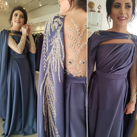 Blue Cape Sleeves Evening Dresses Gowns 2025 Beaded Satin Sexy A-Line For Woman Party  LA71215