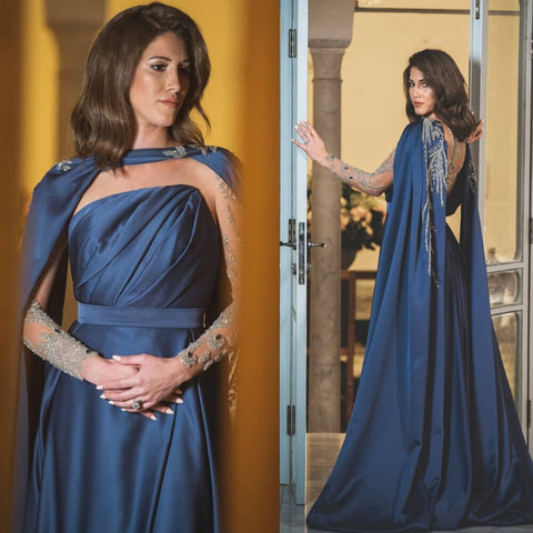 Blue Cape Sleeves Evening Dresses Gowns 2025 Beaded Satin Sexy A-Line For Woman Party  LA71215