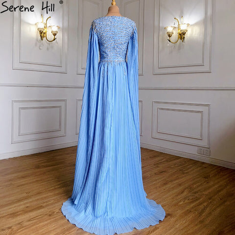 Blue Cape Sleeves Evening Dresses Gowns 2025 Beaded A-Line Chiffon For Women Party LA71319