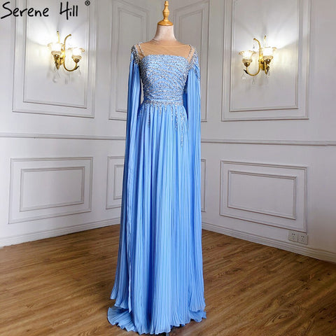 Blue Cape Sleeves Evening Dresses Gowns 2025 Beaded A-Line Chiffon For Women Party LA71319