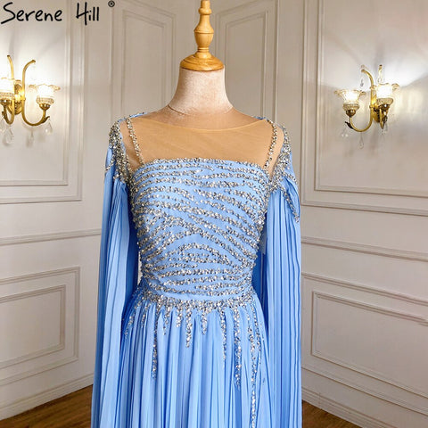 Blue Cape Sleeves Evening Dresses Gowns 2025 Beaded A-Line Chiffon For Women Party LA71319