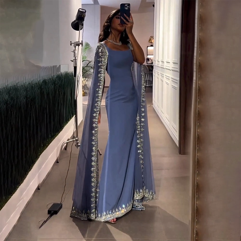 Blue Cape Sleeves Luxury Evening Dresses Gowns 2025 Mermaid Beaded Elegant For Women Party LA72086