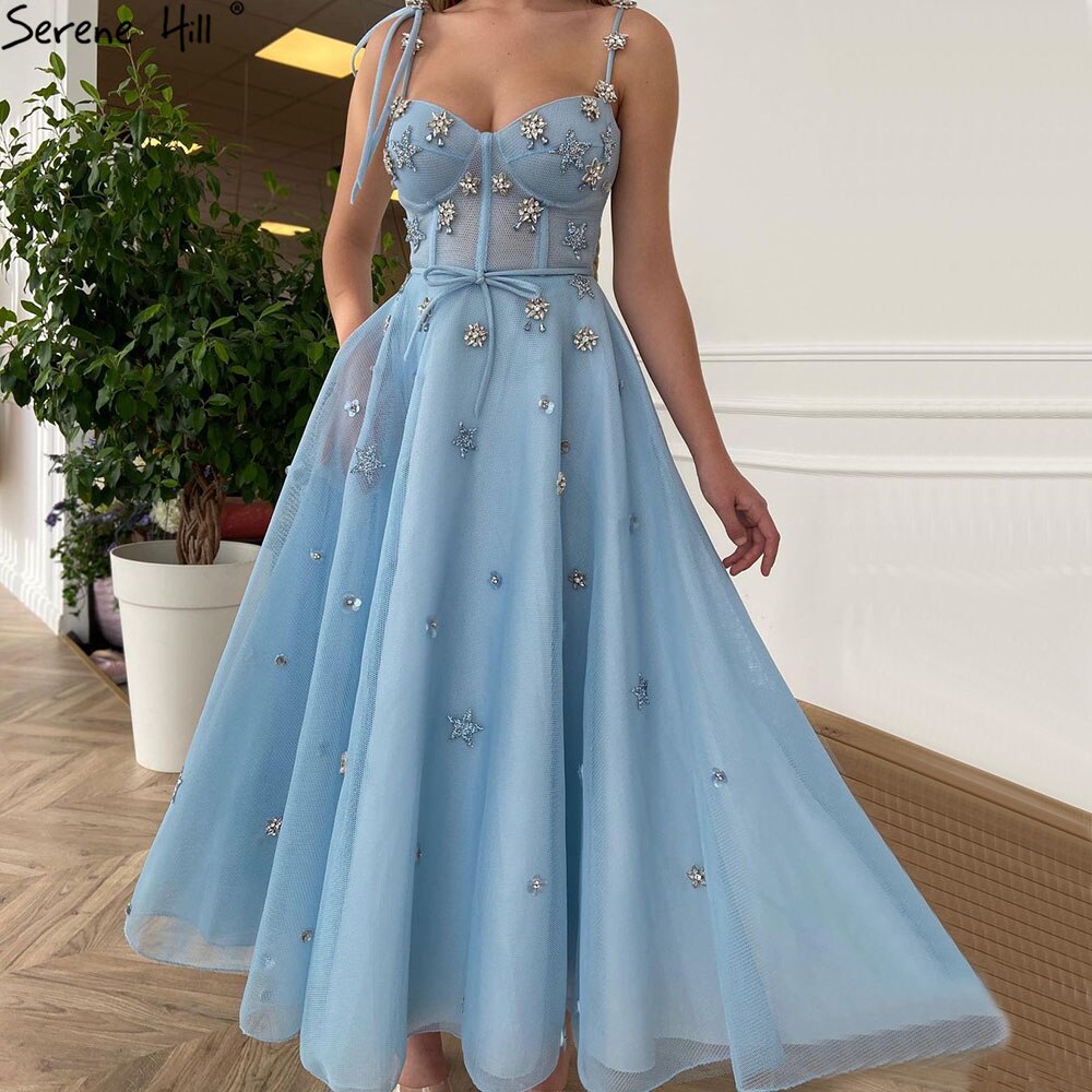 Blue Diamond A-line Evening Dresses Gowns 2025 Spaghetti Srtap Sexy Ankle Length For Women Party LA70862
