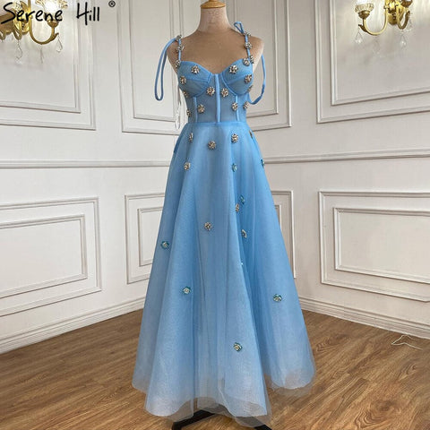 Blue Diamond A-line Evening Dresses Gowns 2025 Spaghetti Srtap Sexy Ankle Length For Women Party LA70862
