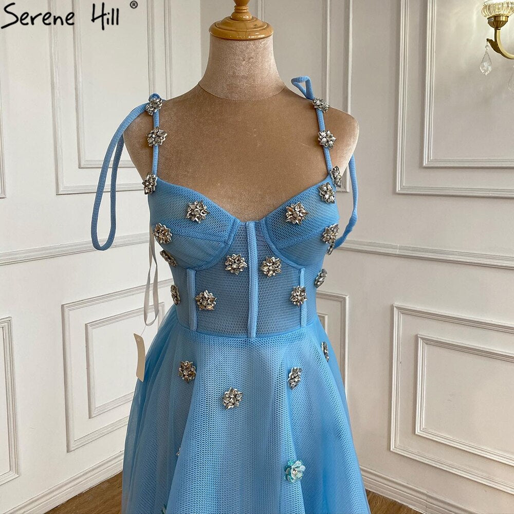 Blue Diamond A-line Evening Dresses Gowns 2025 Spaghetti Srtap Sexy Ankle Length For Women Party LA70862