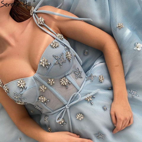 Blue Diamond A-line Evening Dresses Gowns 2025 Spaghetti Srtap Sexy Ankle Length For Women Party LA70862