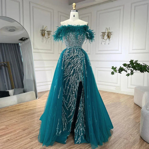 Blue Diamond Feather Mermaid Elegant With Overskirt Evening Dresses Gowns 2025 For Women Wedding Party LA72061