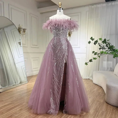 Blue Diamond Feather Mermaid Elegant With Overskirt Evening Dresses Gowns 2025 For Women Wedding Party LA72061