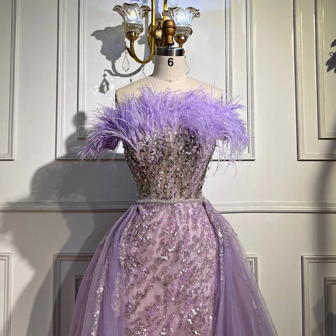 Blue Diamond Feather Mermaid Elegant With Overskirt Evening Dresses Gowns 2025 For Women Wedding Party LA72061