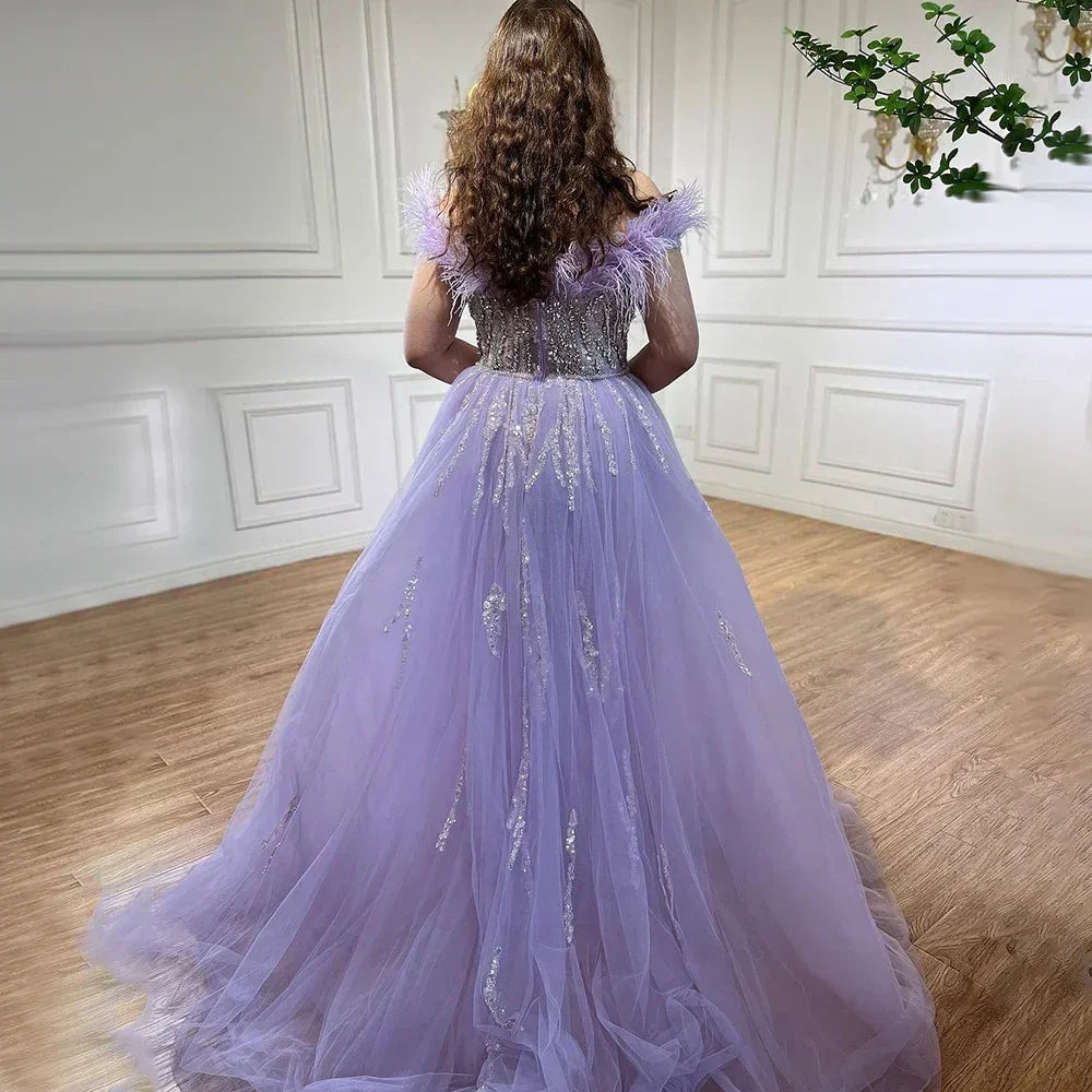 Blue Diamond Feather Mermaid Elegant With Overskirt Evening Dresses Gowns 2025 For Women Wedding Party LA72061