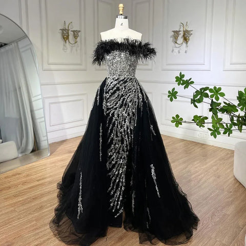 Blue Diamond Feather Mermaid Elegant With Overskirt Evening Dresses Gowns 2025 For Women Wedding Party LA72061