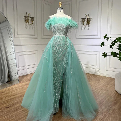 Blue Diamond Feather Mermaid Elegant With Overskirt Evening Dresses Gowns 2025 For Women Wedding Party LA72061