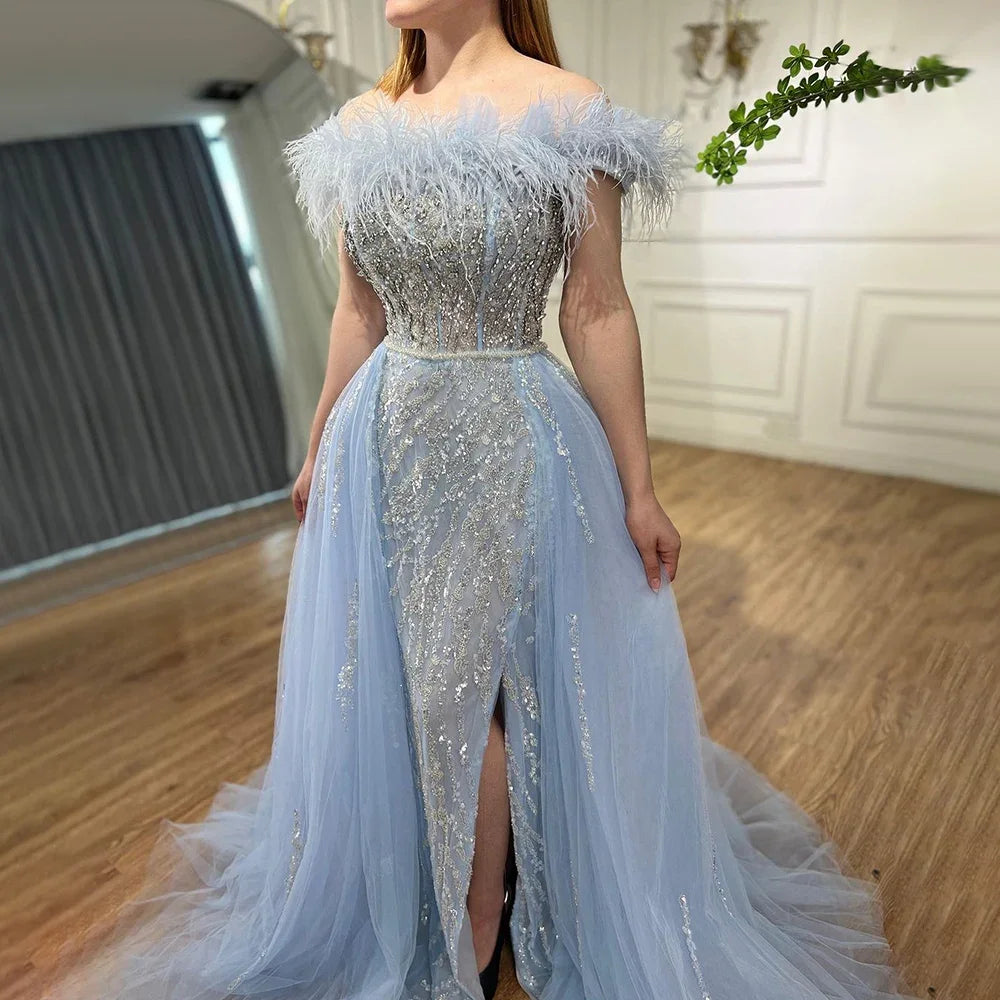 Blue Diamond Feather Mermaid Elegant With Overskirt Evening Dresses Gowns 2025 For Women Wedding Party LA72061