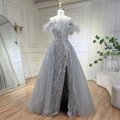Blue Diamond Feather Mermaid Elegant With Overskirt Evening Dresses Gowns 2025 For Women Wedding Party LA72061