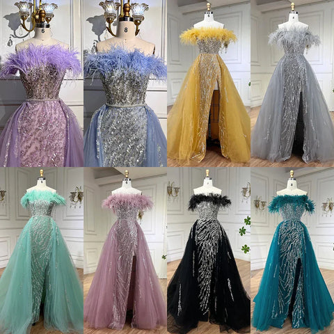 Blue Diamond Feather Mermaid Elegant With Overskirt Evening Dresses Gowns 2025 For Women Wedding Party LA72061