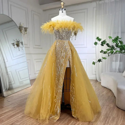 Blue Diamond Feather Mermaid Elegant With Overskirt Evening Dresses Gowns 2025 For Women Wedding Party LA72061