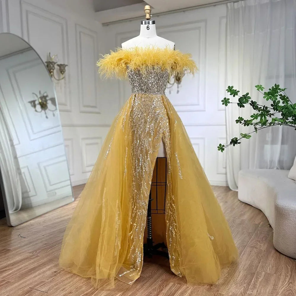 Blue Diamond Feather Mermaid Elegant With Overskirt Evening Dresses Gowns 2025 For Women Wedding Party LA72061