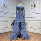 Blue Elegant A Line Lace Beaded Feathers Arabic Luxury Evening Dresses Gowns 2025 For Women Wedding Party LA71935A