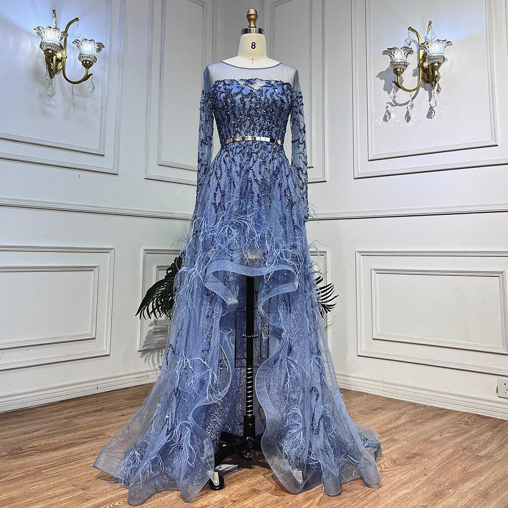 Blue Elegant A Line Lace Beaded Feathers Arabic Luxury Evening Dresses Gowns 2025 For Women Wedding Party LA71935A