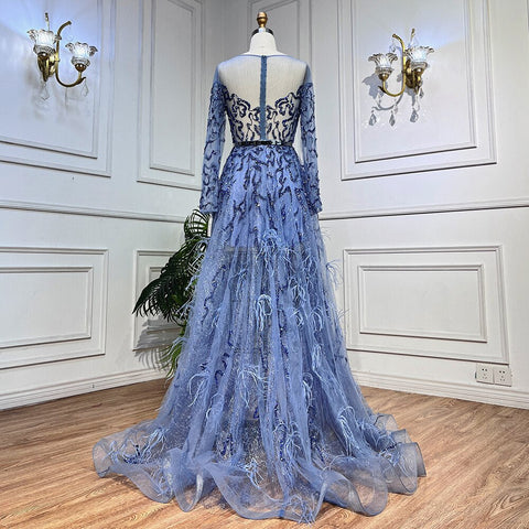 Blue Elegant A Line Lace Beaded Feathers Arabic Luxury Evening Dresses Gowns 2025 For Women Wedding Party LA71935A