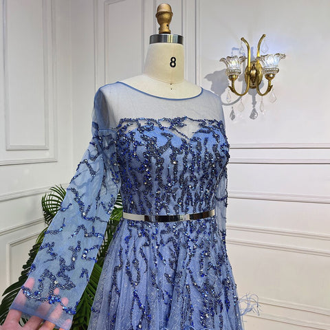 Blue Elegant A Line Lace Beaded Feathers Arabic Luxury Evening Dresses Gowns 2025 For Women Wedding Party LA71935A