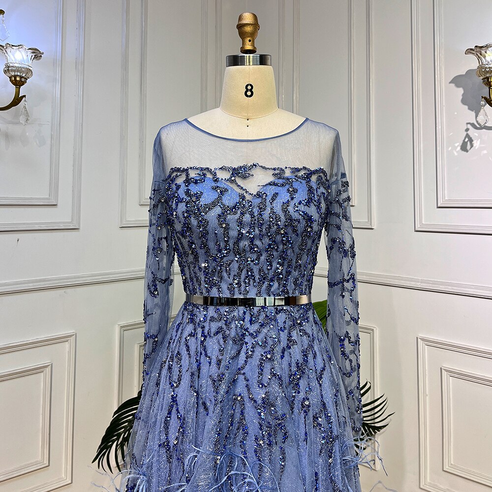 Blue Elegant A Line Lace Beaded Feathers Arabic Luxury Evening Dresses Gowns 2025 For Women Wedding Party LA71935A