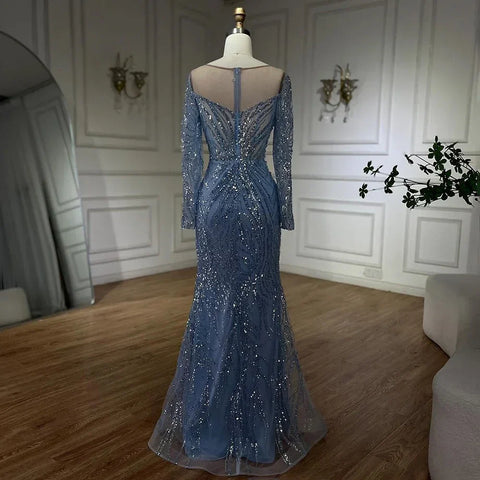 Blue Elegant Mermaid Dubai Arabia Luxury Beaded Pearls Evening Dresses Gowns 2025 For Women Wedding Party LA72264