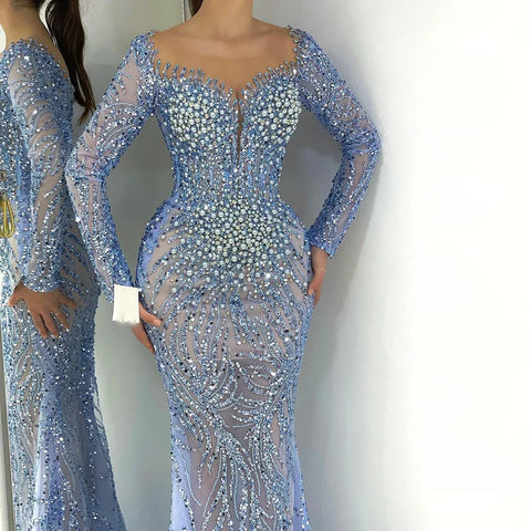 Blue Elegant Mermaid Dubai Arabia Luxury Beaded Pearls Evening Dresses Gowns 2025 For Women Wedding Party LA72264