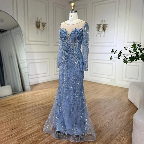 Blue Elegant Mermaid Dubai Arabia Luxury Beaded Pearls Evening Dresses Gowns 2025 For Women Wedding Party LA72264